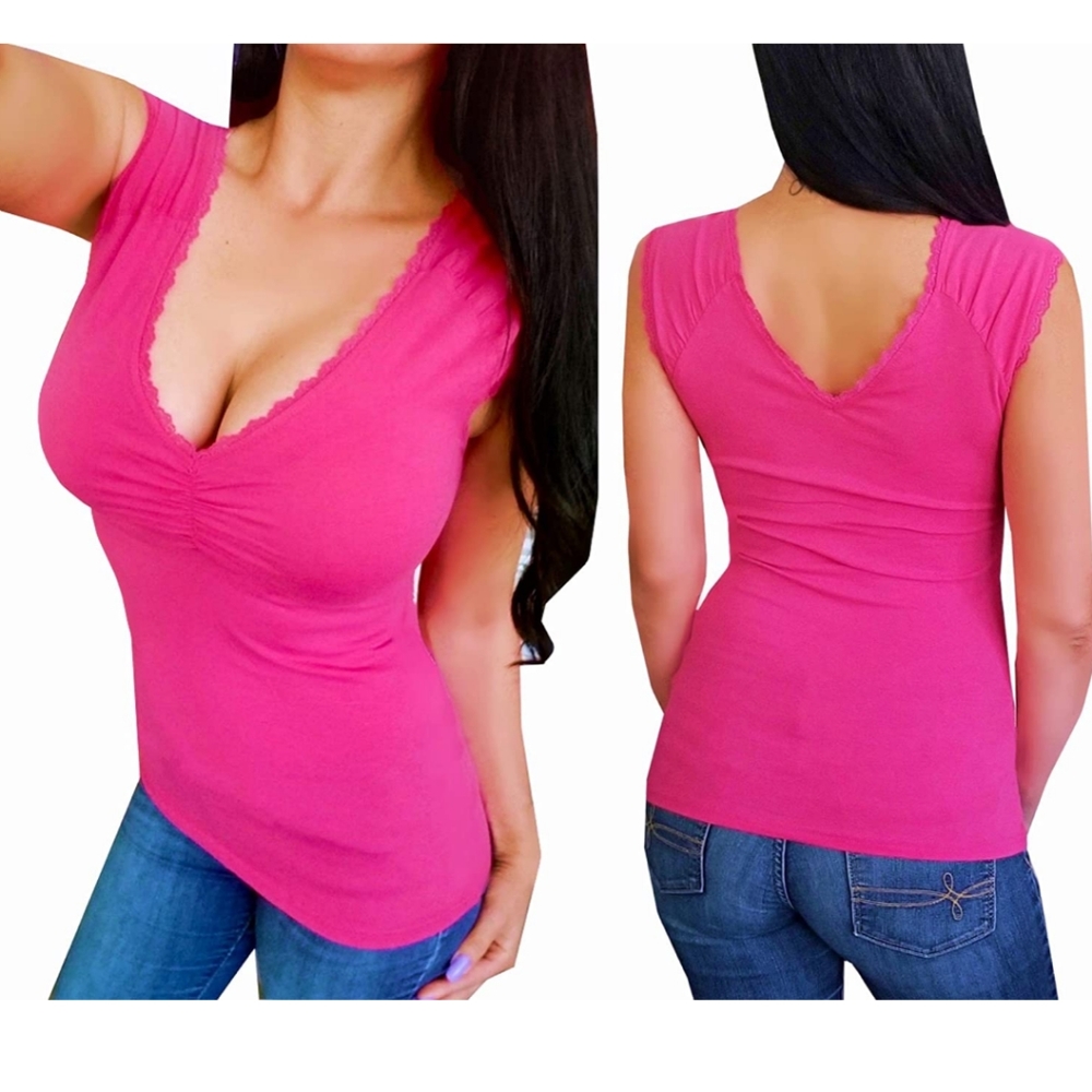 Pink vneck lowcut sexy sleeveless cleavage shirt